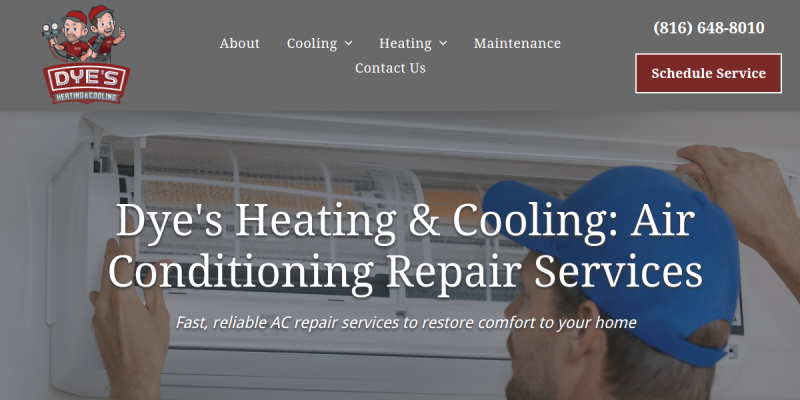 Dye’s Heating & Cooling Provides Expert Air Conditioning Repair in Kansas City, MO website screenshot