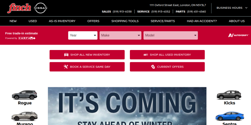Get Your New Vehicle Dealership At Finch Nissan In London ON website screenshot