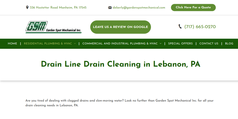 Drain Cleaning Lebanon Pa website screenshot
