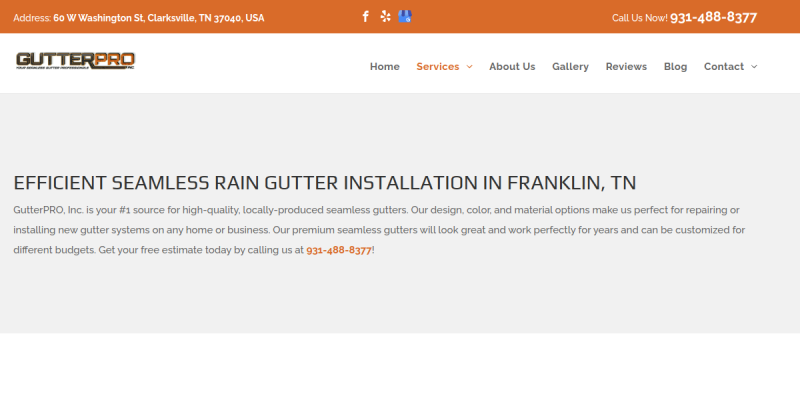 Aluminum Rain Gutter Installation Franklin Tn website screenshot