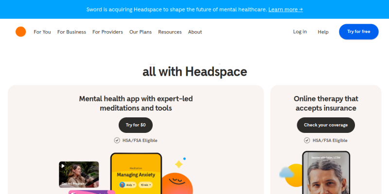 Screenshot of the Headspace landing page