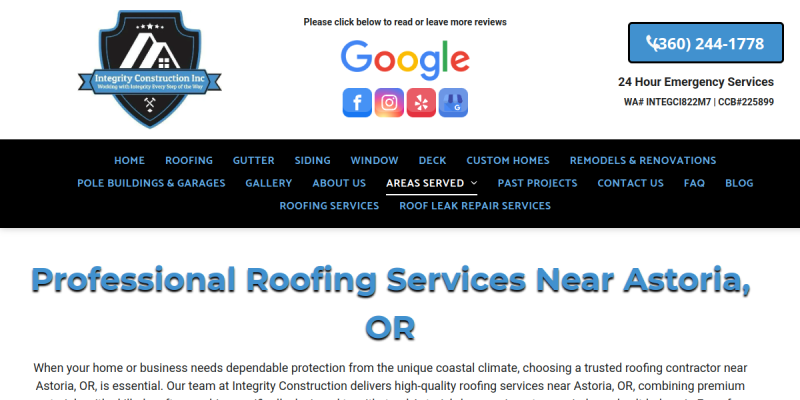 Roofing Contractor Astoria OR website screenshot