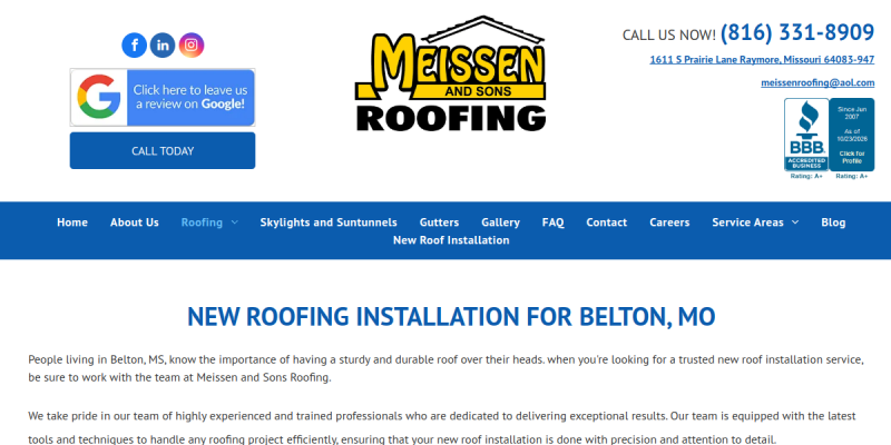 New Roof Installation Belton Mo website screenshot