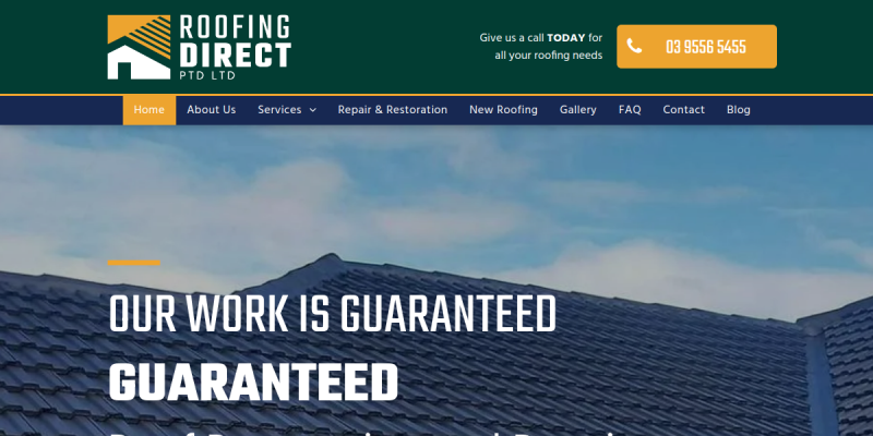 Learn More About Roofing Materials and Services with Roofing Direct website screenshot