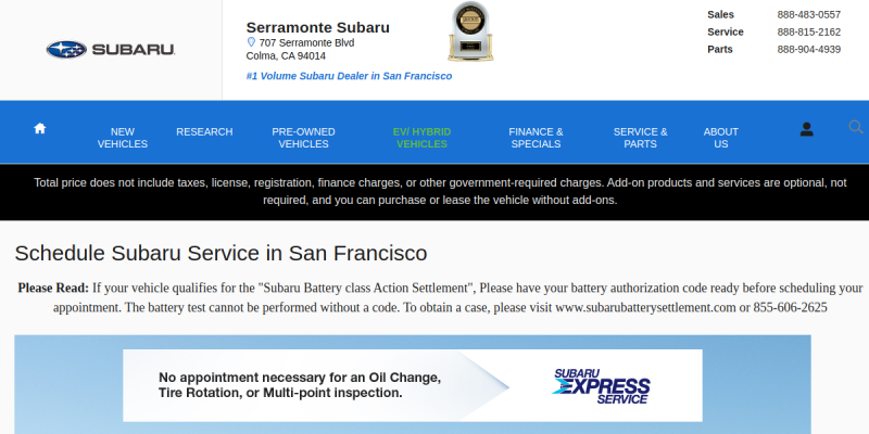 Subaru Repair and Maintenance Services in San Mateo CA website screenshot