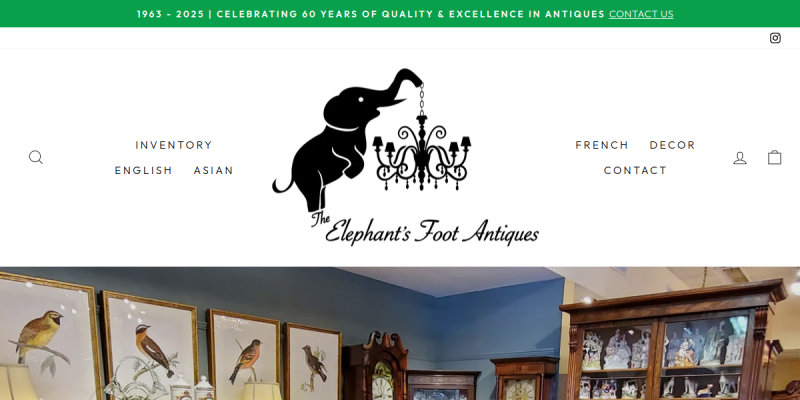 Explore Timeless Treasures at The Elephant’s Foot Antiques Antique Showroom in West Palm Beach FL website screenshot