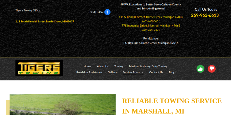 Car Towing Service Marshall MI website screenshot