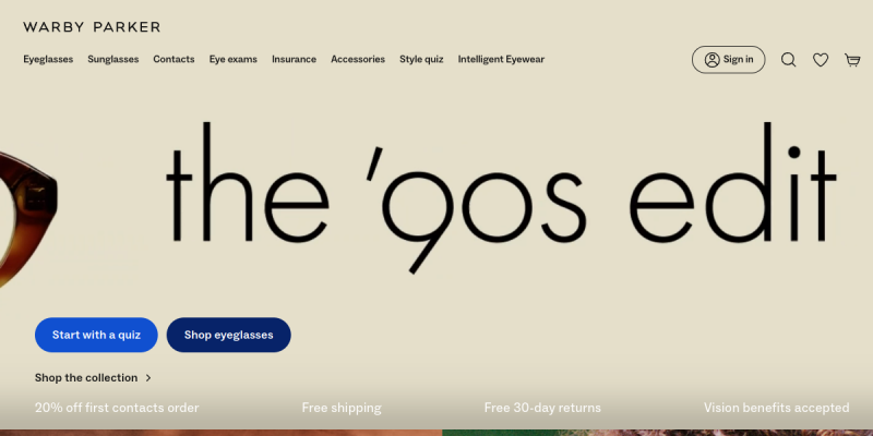 Screenshot of the Warby Parker landing page