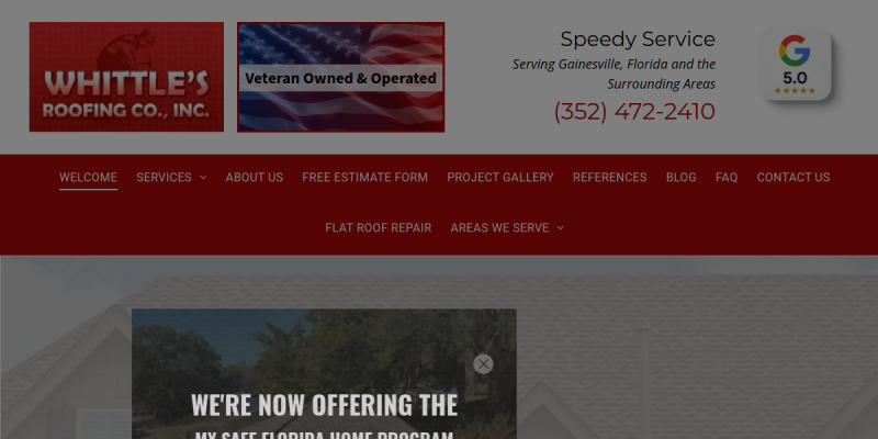 Roofer Gainesville FL website screenshot