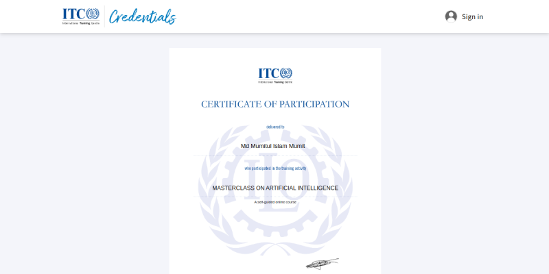 Masterclass on Artificial Intelligence certificate preview