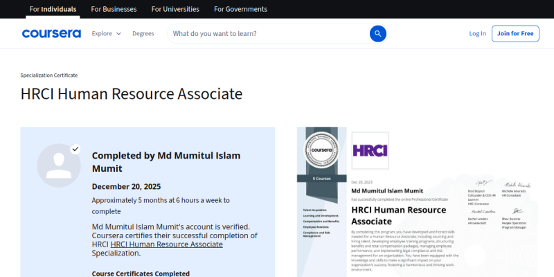 HRCI Human Resource Associate certificate preview