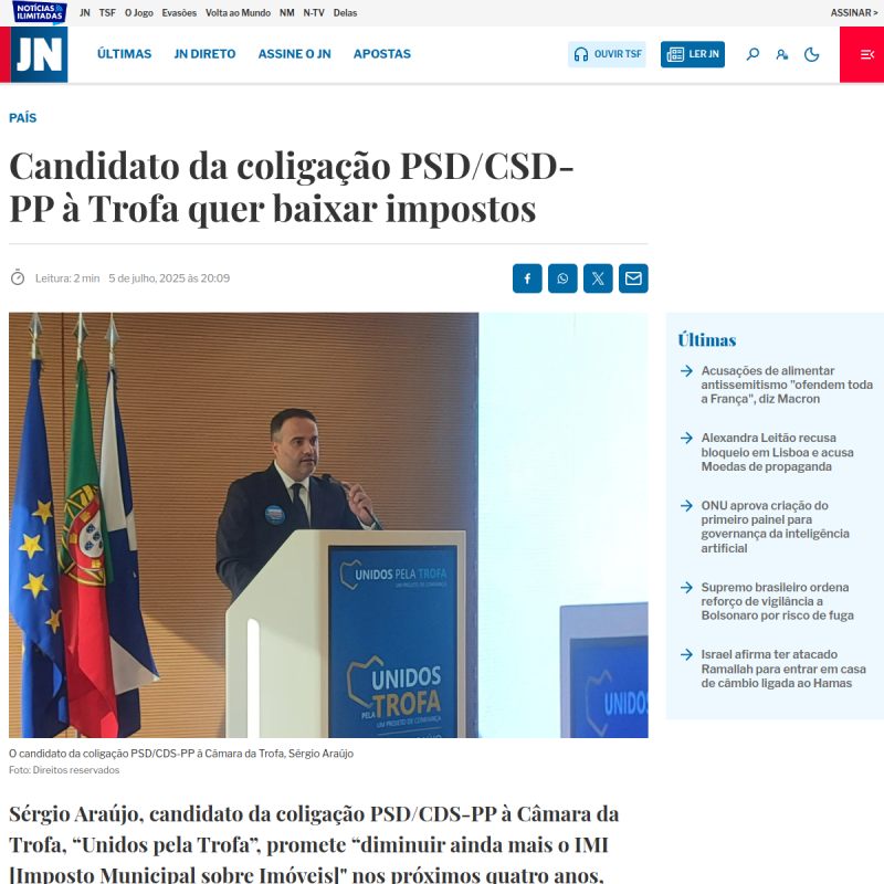 JN – Candidato da coligação PSD/CDS-PP à Trofa quer baixar impostos