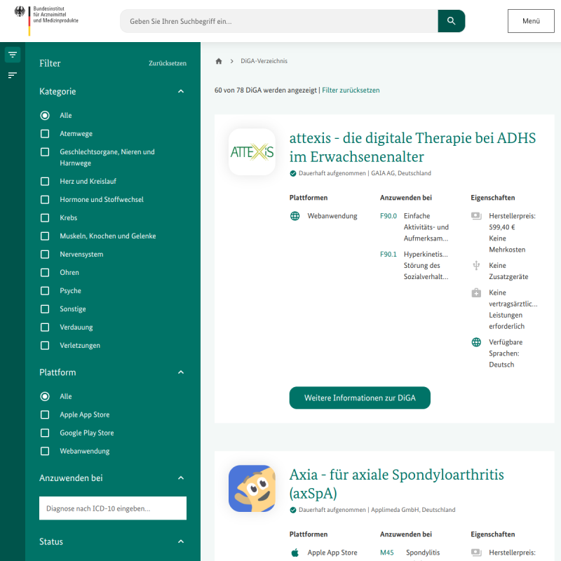 DiGA Directory (BfArM) site preview