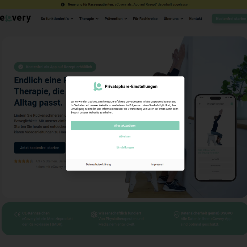 eCovery - Therapie bei Schmerzen im unteren Rücken site preview