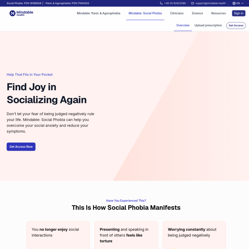 Mindable: Soziale Phobie site preview