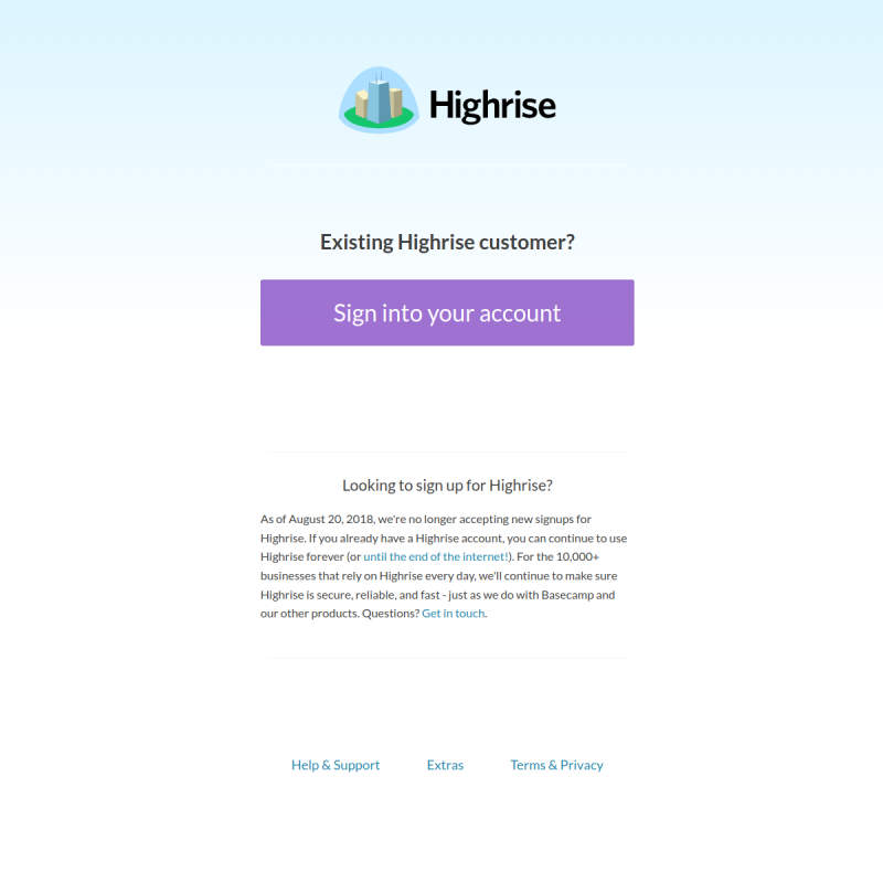 Screenshot der Homepage von Highrise CRM