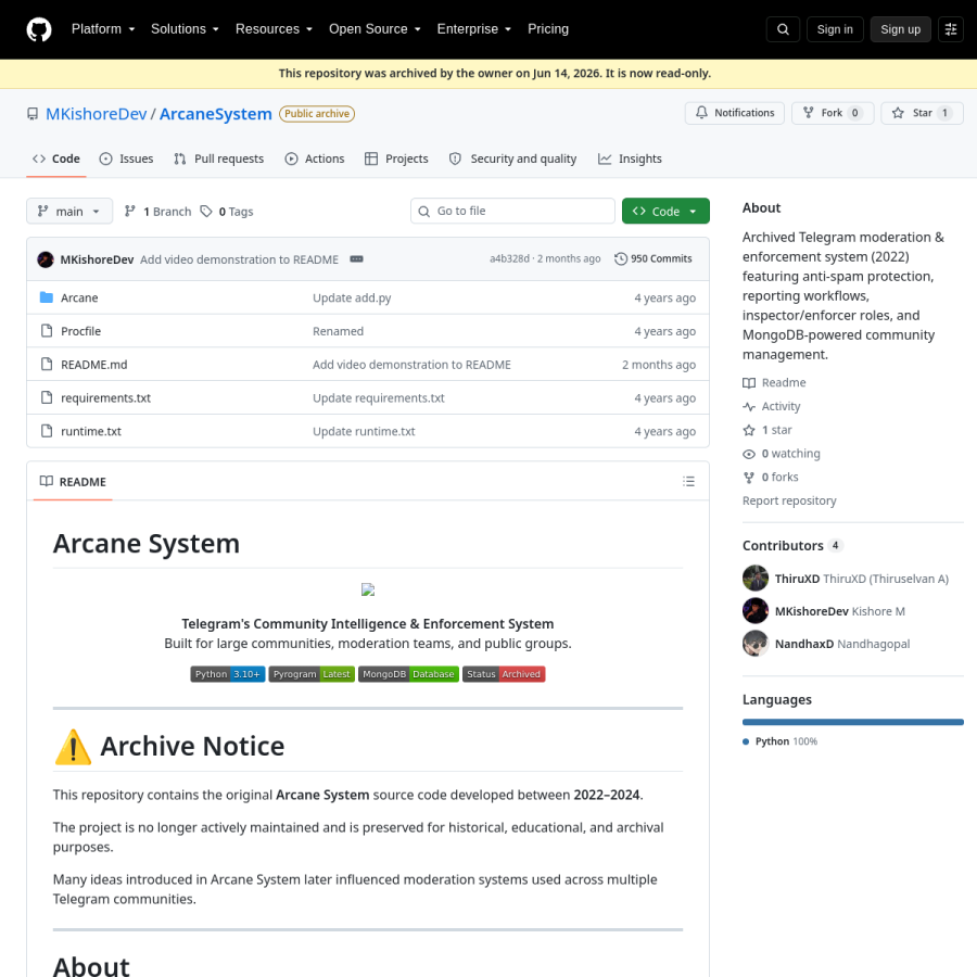 preview of ArcaneSystem – Telegram Moderation Tool