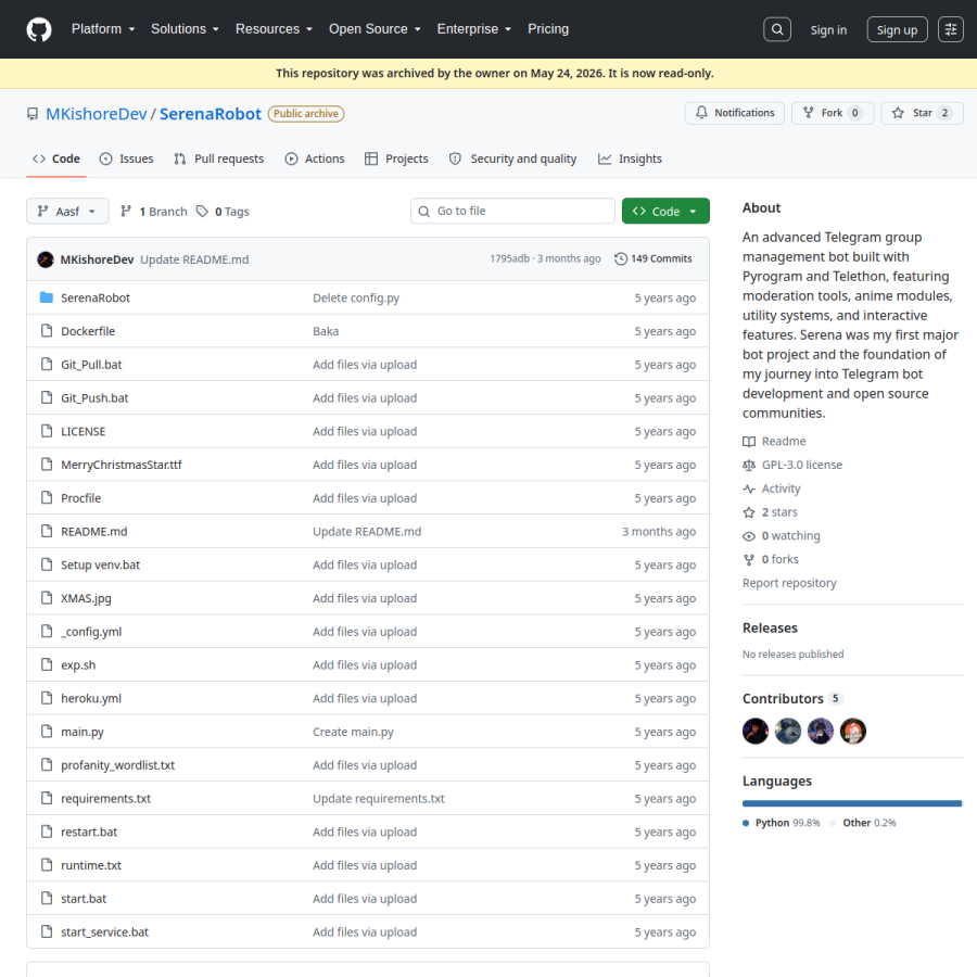 preview of SerenaRobot – Telegram Group Management Bot
