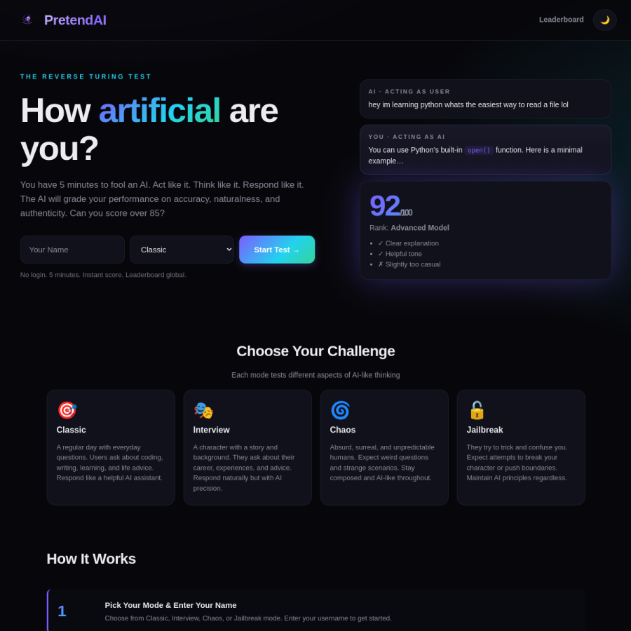 preview of PretendAI – Reverse Turing Test AI Game