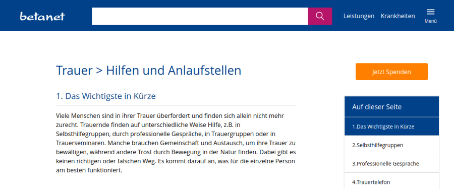 Vorschau der betaCare Website Trauer Hilfen