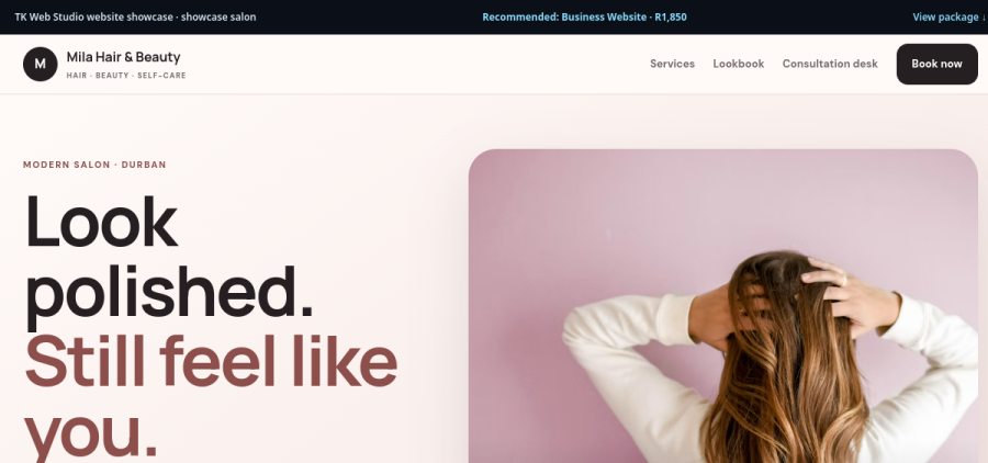 Rendered preview of the Mila Hair and Beauty concept website