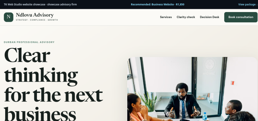 Rendered preview of the Ndlovu Advisory concept website