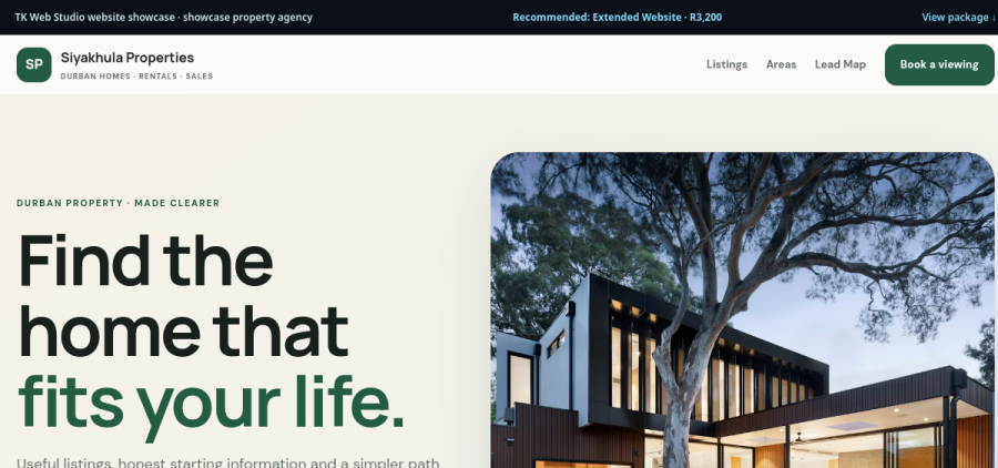 Rendered preview of the Siyakhula Properties concept website