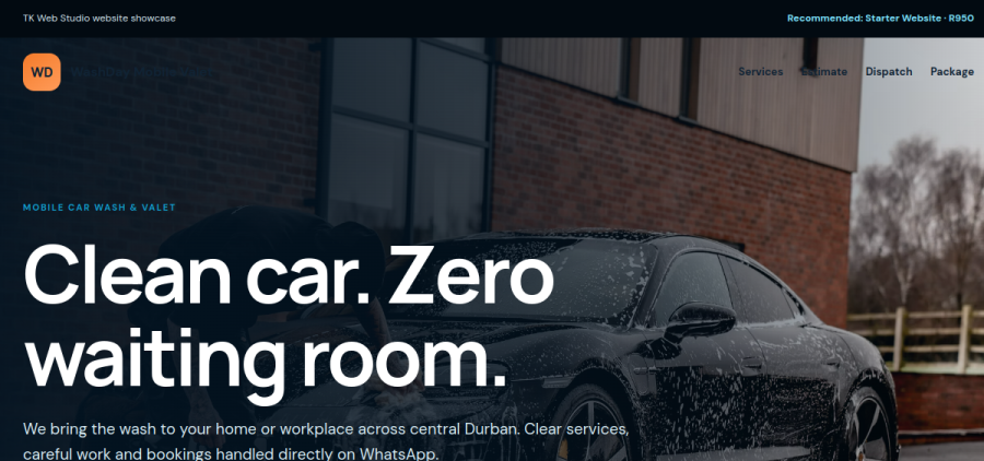 Rendered preview of the WashDay Mobile Valet concept website
