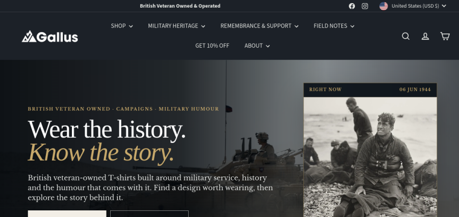 Screenshot of SW Gallus homepage showing its military history editorial and apparel branding