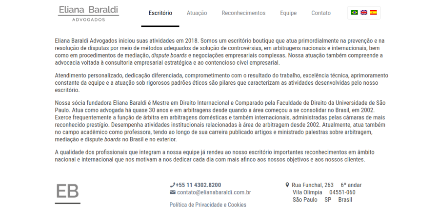 Página inicial do site Eliana Baraldi