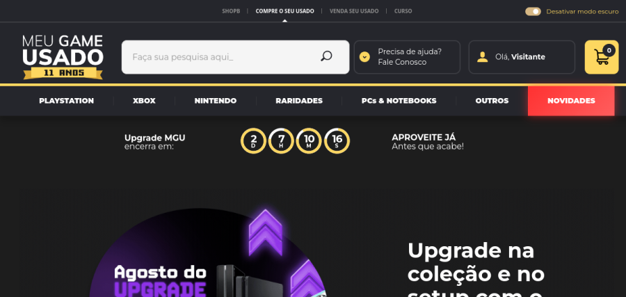 Página inicial do site Meu Game Usado
