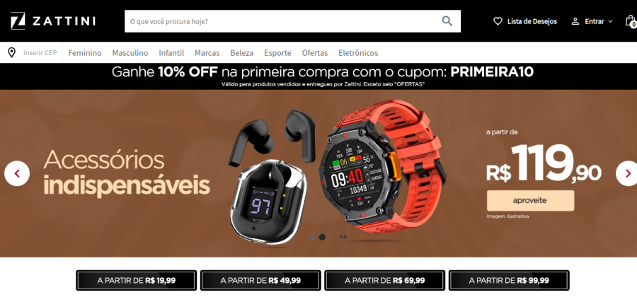 Página inicial do site Zattini