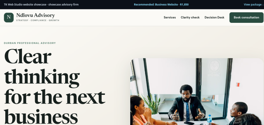 Preview of the Ndlovu Advisory professional services demo website