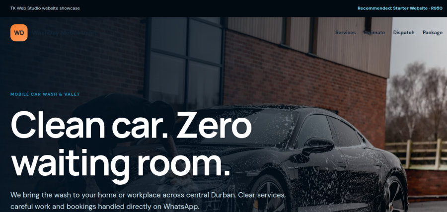 Preview of the WashDay Mobile Valet demo website