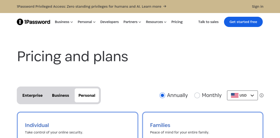 1Password pricing page with Individual and Families plans and a 14-day free trial