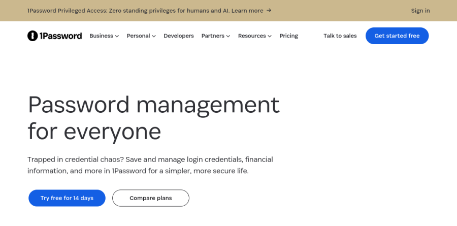 1Password password manager product page showing autofill, Watchtower and passkey features
