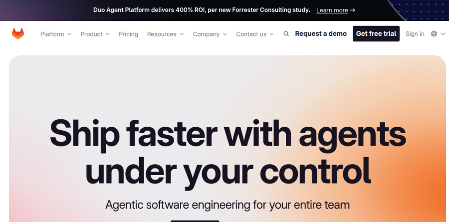 GitLab homepage presenting its DevSecOps platform, security scanning, and Duo AI features