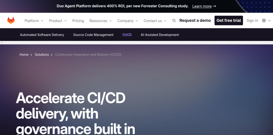 GitLab CI/CD solution page describing pipeline, security, and deployment capabilities