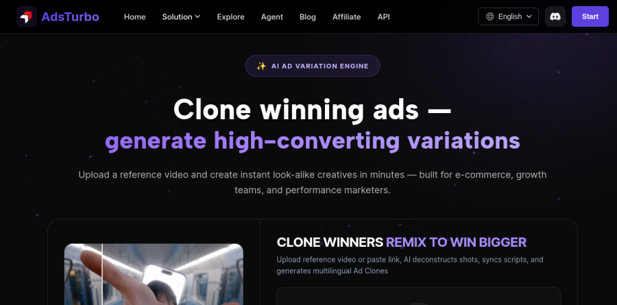 The AdsTurbo Ad Clone feature page explaining how reference videos are deconstructed into new ad variations