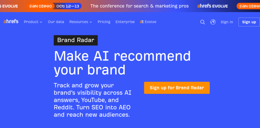 The Ahrefs Brand Radar product page covering brand mentions across AI assistants