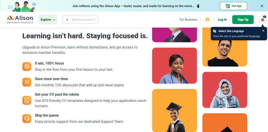 The Alison Premium page showing the Monthly Subscription and Yearly Subscription plans alongside their ad-free and certificate discount benefits