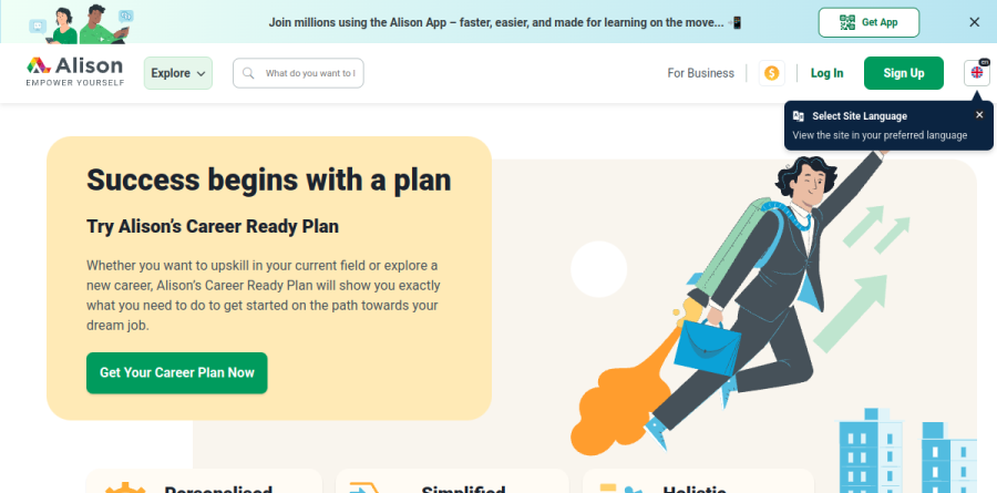 The Alison Career Ready Plan page describing a personalised step-by-step route toward a chosen career
