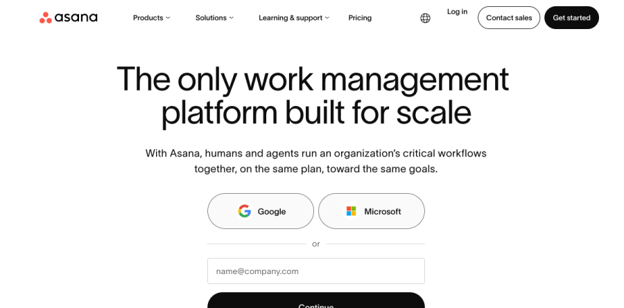Asana product overview page presenting Agentic Work Management, Service Management, and Client Management product lines