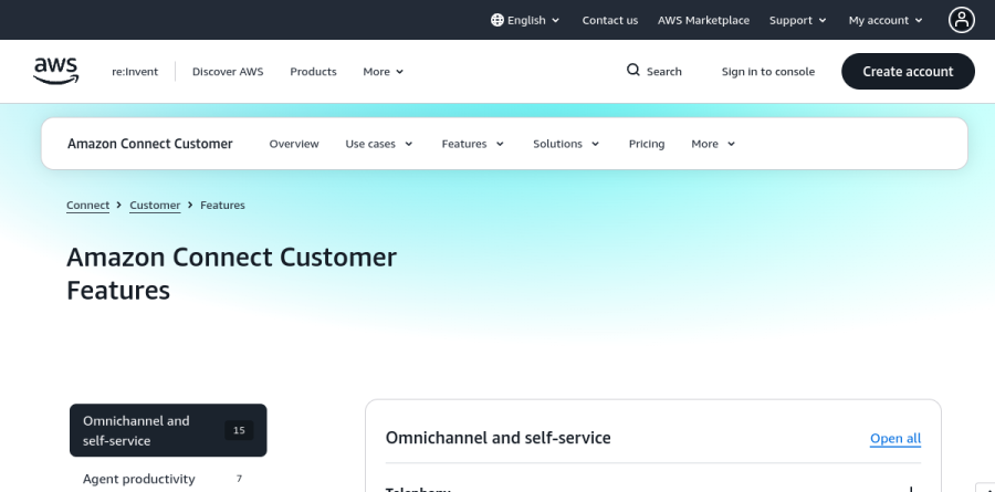 Amazon Connect features page listing omnichannel routing, agent productivity and analytics capabilities