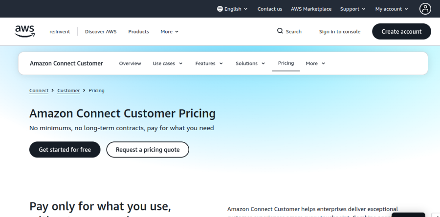 Amazon Connect Customer pricing page showing consumption rates per communication channel