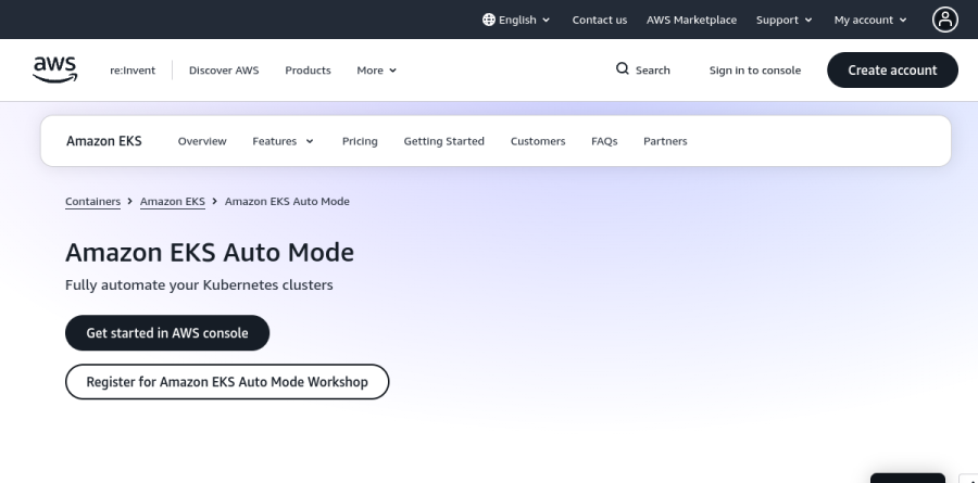 Amazon EKS Auto Mode product page on the AWS website