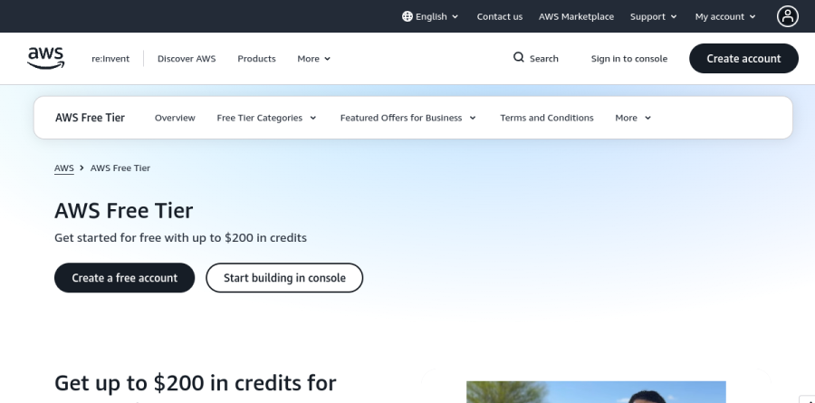 The AWS Free page showing the Free Plan, Paid Plan, short-term trials and Always Free options