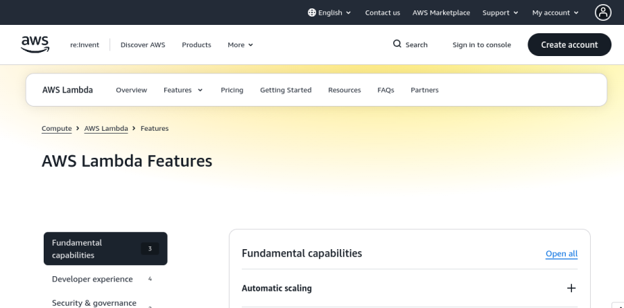 AWS Lambda features page listing developer experience and performance capabilities