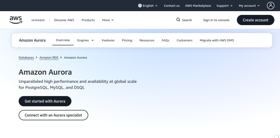 Amazon Aurora product page describing serverless relational database capabilities