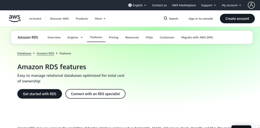 Amazon RDS features page listing managed capabilities across supported database engines
